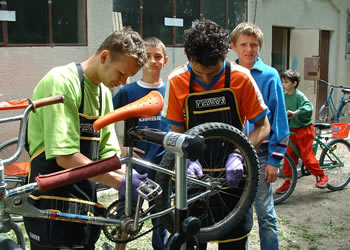 Bycycle repairs at School No 2 for the Deaf, Cluj-Napoca, Romania